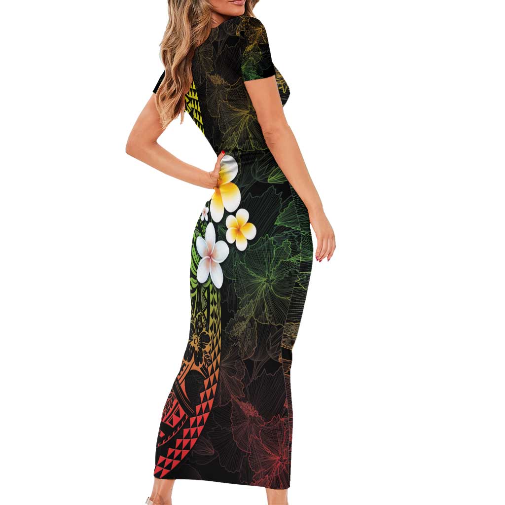 Hawaiian Hibiscus and Plumeria Polynesian Tribal Tattoo Family Matching Short Sleeve Bodycon Dress and Hawaiian Shirt Reggae Color LT03 - Polynesian Pride