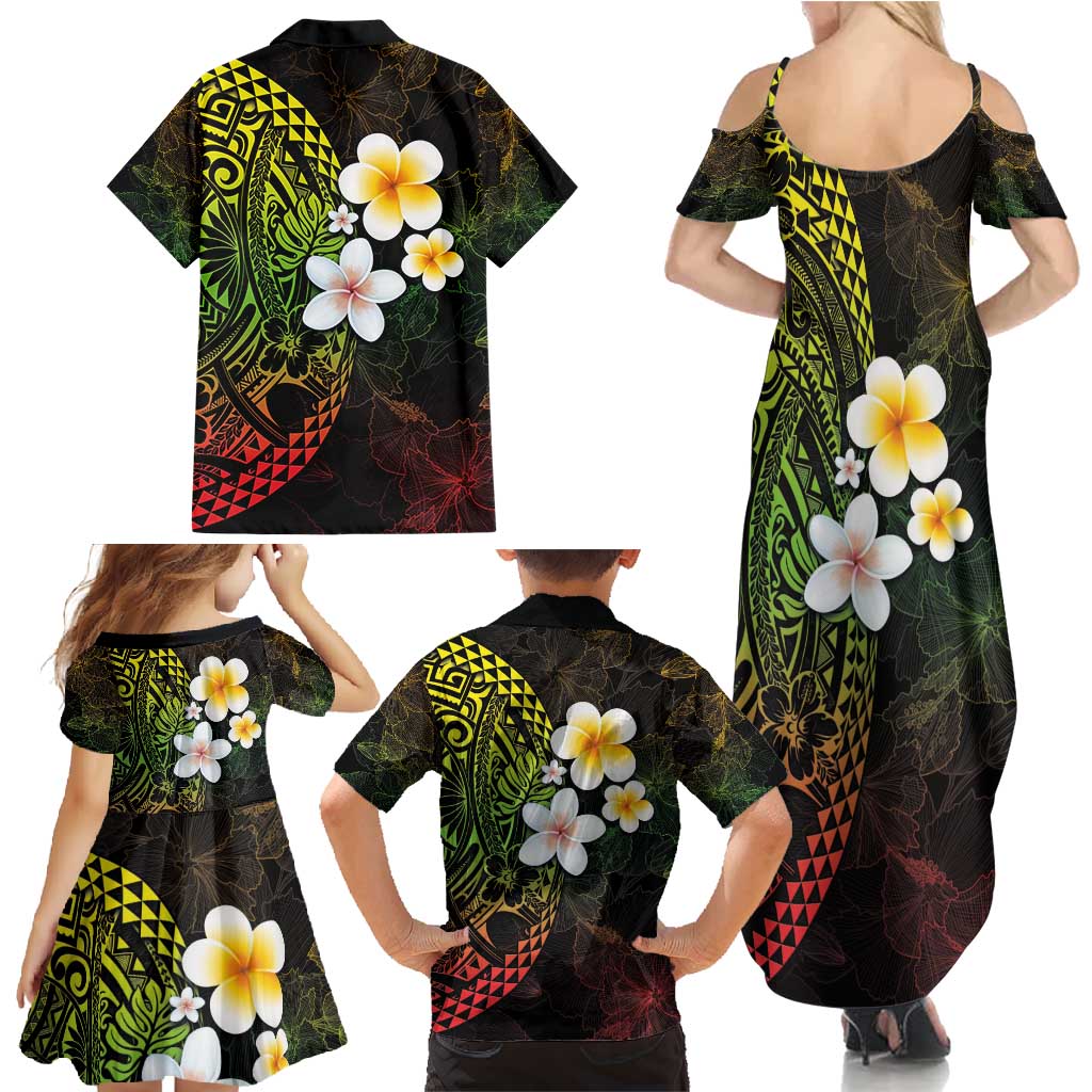 Hawaiian Hibiscus and Plumeria Polynesian Tribal Tattoo Family Matching Summer Maxi Dress and Hawaiian Shirt Reggae Color LT03 - Polynesian Pride