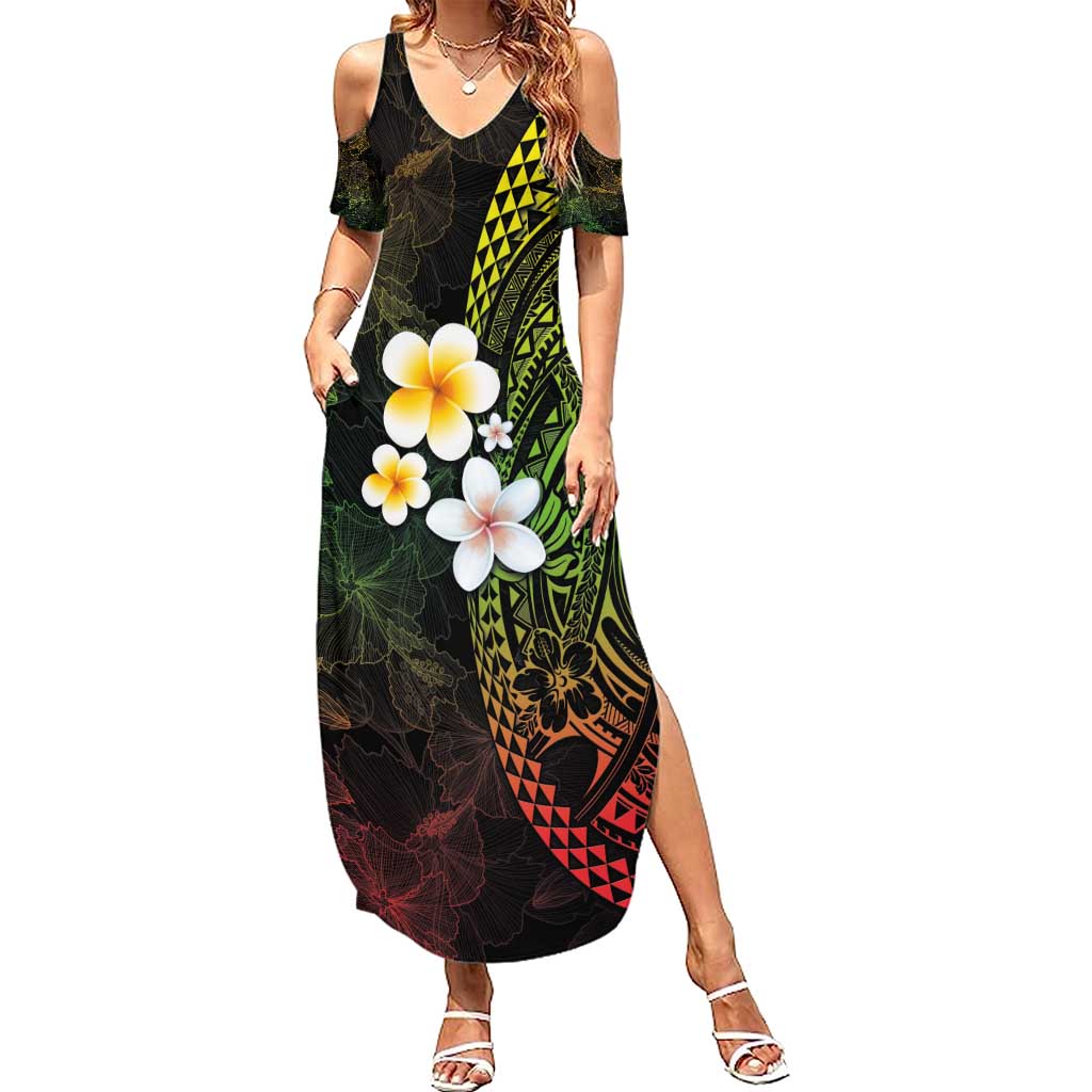 Hawaiian Hibiscus and Plumeria Polynesian Tribal Tattoo Family Matching Summer Maxi Dress and Hawaiian Shirt Reggae Color LT03 Mom's Dress Reggae - Polynesian Pride