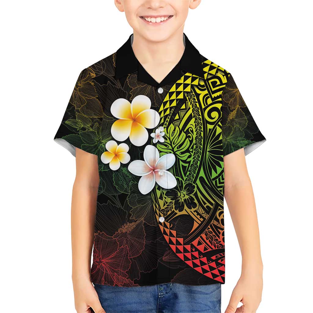 Hawaiian Hibiscus and Plumeria Polynesian Tribal Tattoo Kid Hawaiian Shirt Reggae Color LT03 Kid Reggae - Polynesian Pride