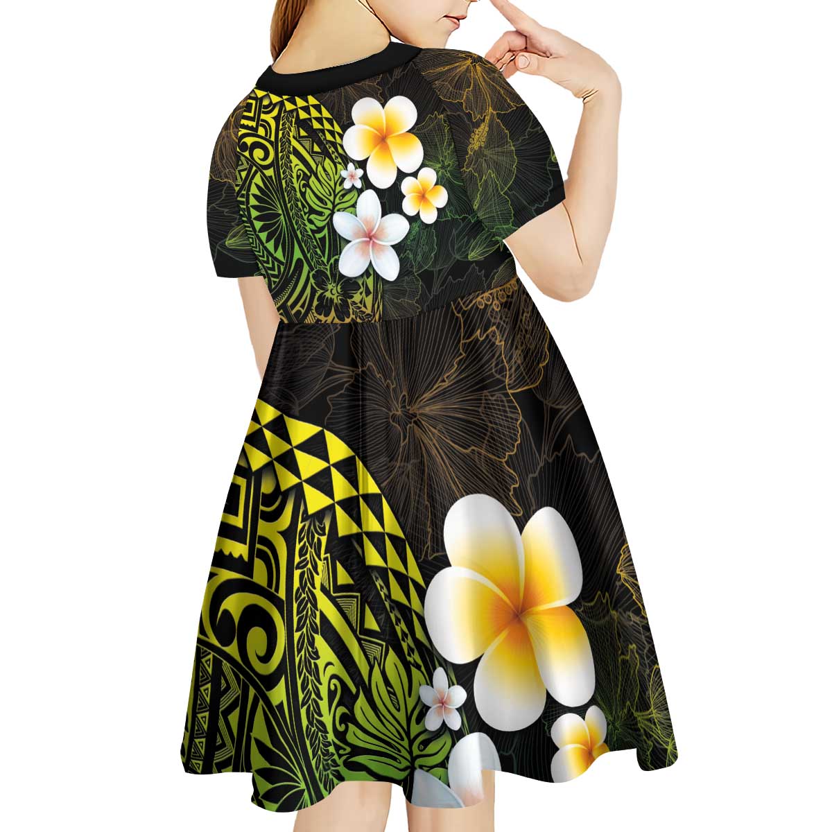 Hawaiian Hibiscus and Plumeria Polynesian Tribal Tattoo Kid Short Sleeve Dress Reggae Color LT03 - Polynesian Pride
