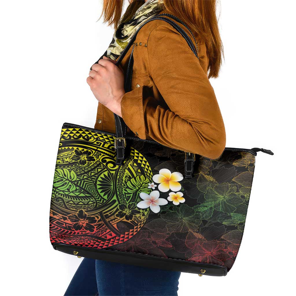 Hawaiian Hibiscus and Plumeria Polynesian Tribal Tattoo Leather Tote Bag Reggae Color LT03 Reggae - Polynesian Pride