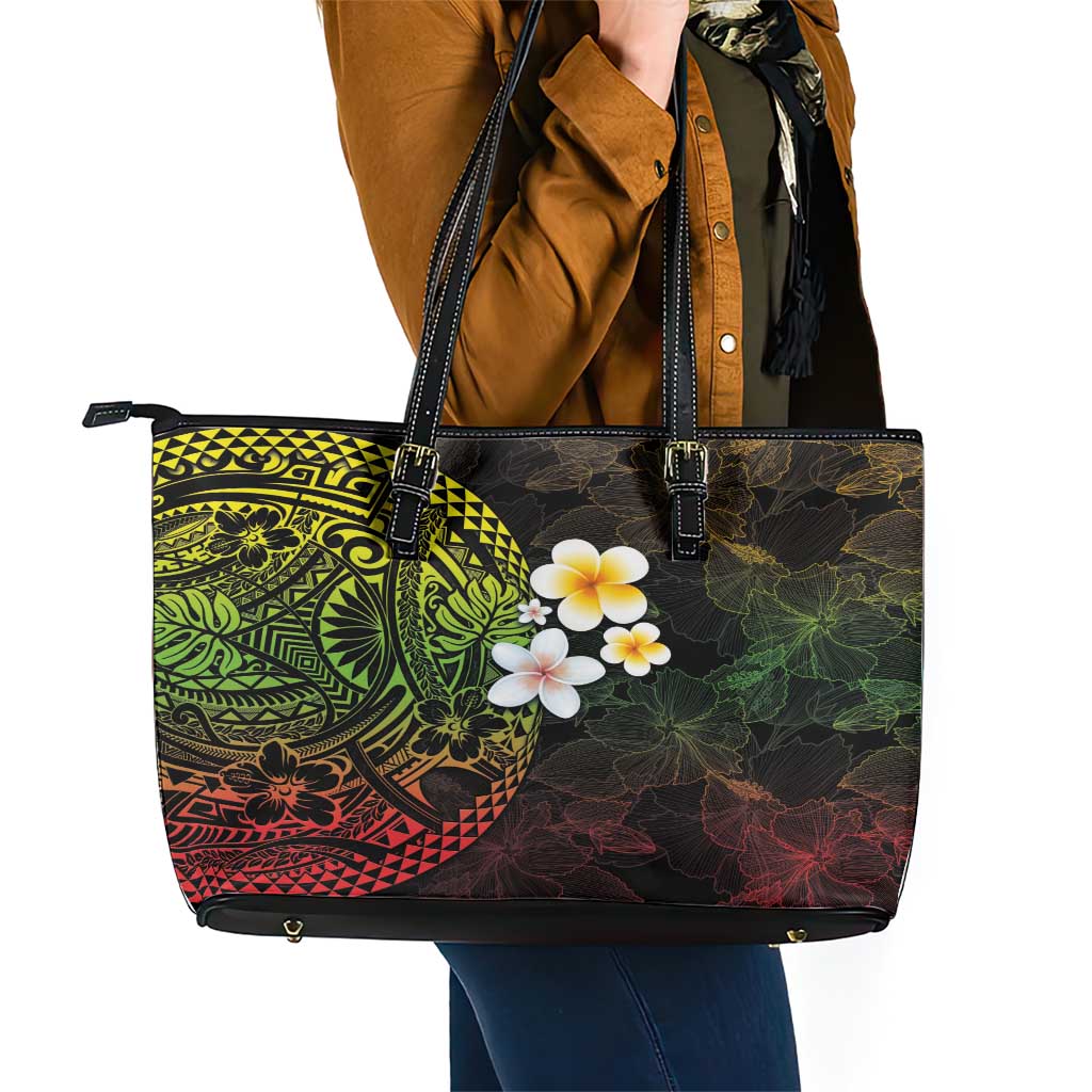 Hawaiian Hibiscus and Plumeria Polynesian Tribal Tattoo Leather Tote Bag Reggae Color LT03 - Polynesian Pride