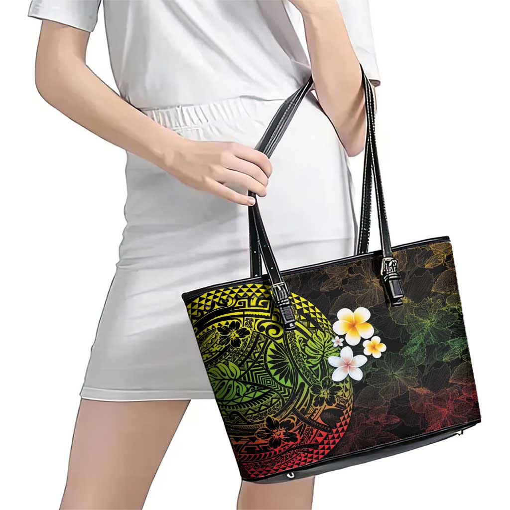 Hawaiian Hibiscus and Plumeria Polynesian Tribal Tattoo Leather Tote Bag Reggae Color LT03 - Polynesian Pride