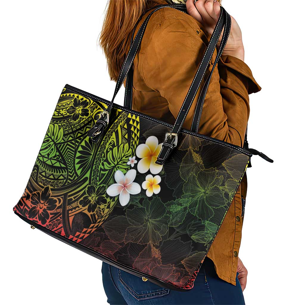 Hawaiian Hibiscus and Plumeria Polynesian Tribal Tattoo Leather Tote Bag Reggae Color LT03 - Polynesian Pride