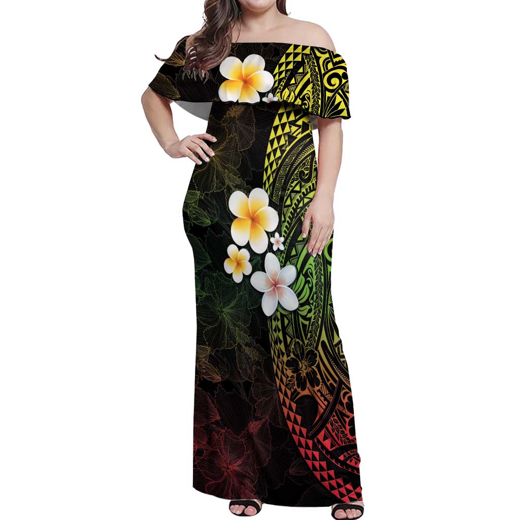 Hawaiian Hibiscus and Plumeria Polynesian Tribal Tattoo Off Shoulder Maxi Dress Reggae Color LT03 Women Reggae - Polynesian Pride