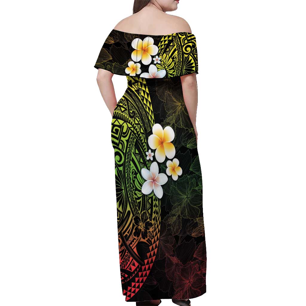 Hawaiian Hibiscus and Plumeria Polynesian Tribal Tattoo Off Shoulder Maxi Dress Reggae Color LT03 - Polynesian Pride