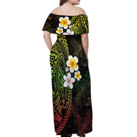 Hawaiian Hibiscus and Plumeria Polynesian Tribal Tattoo Off Shoulder Maxi Dress Reggae Color LT03 - Polynesian Pride