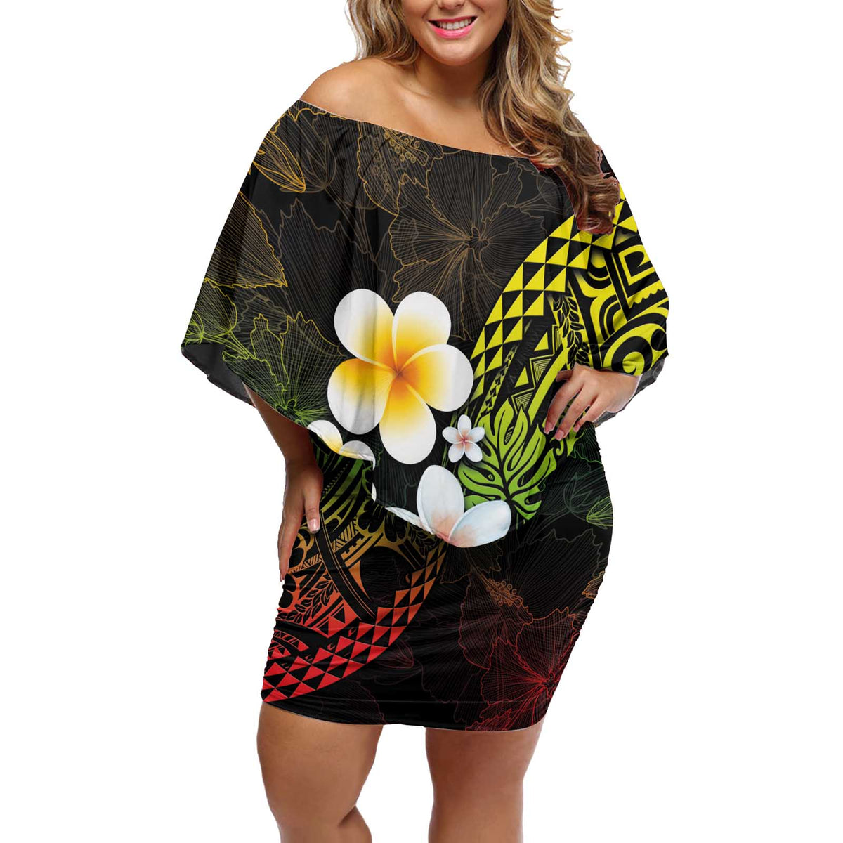 Hawaiian Hibiscus and Plumeria Polynesian Tribal Tattoo Off Shoulder Short Dress Reggae Color LT03 Women Reggae - Polynesian Pride