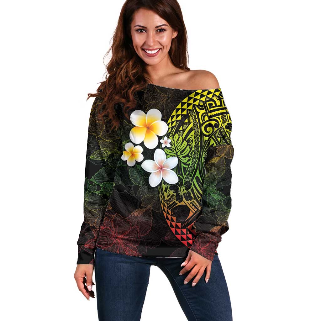 Hawaiian Hibiscus and Plumeria Polynesian Tribal Tattoo Off Shoulder Sweater Reggae Color LT03 Women Reggae - Polynesian Pride