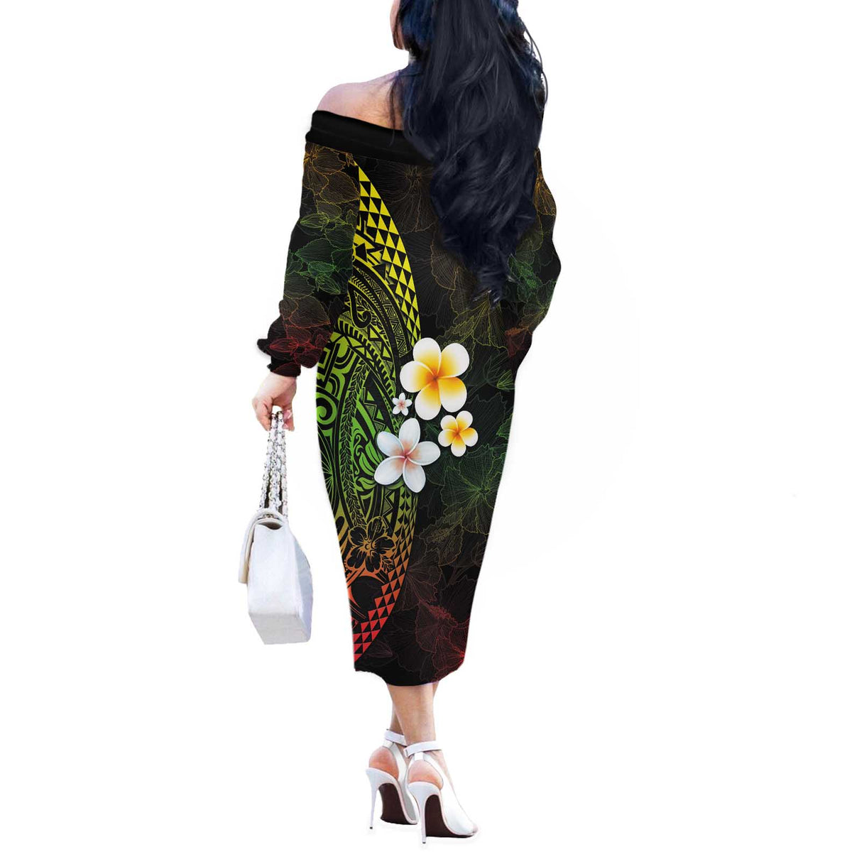 Hawaiian Hibiscus and Plumeria Polynesian Tribal Tattoo Off The Shoulder Long Sleeve Dress Reggae Color LT03 - Polynesian Pride