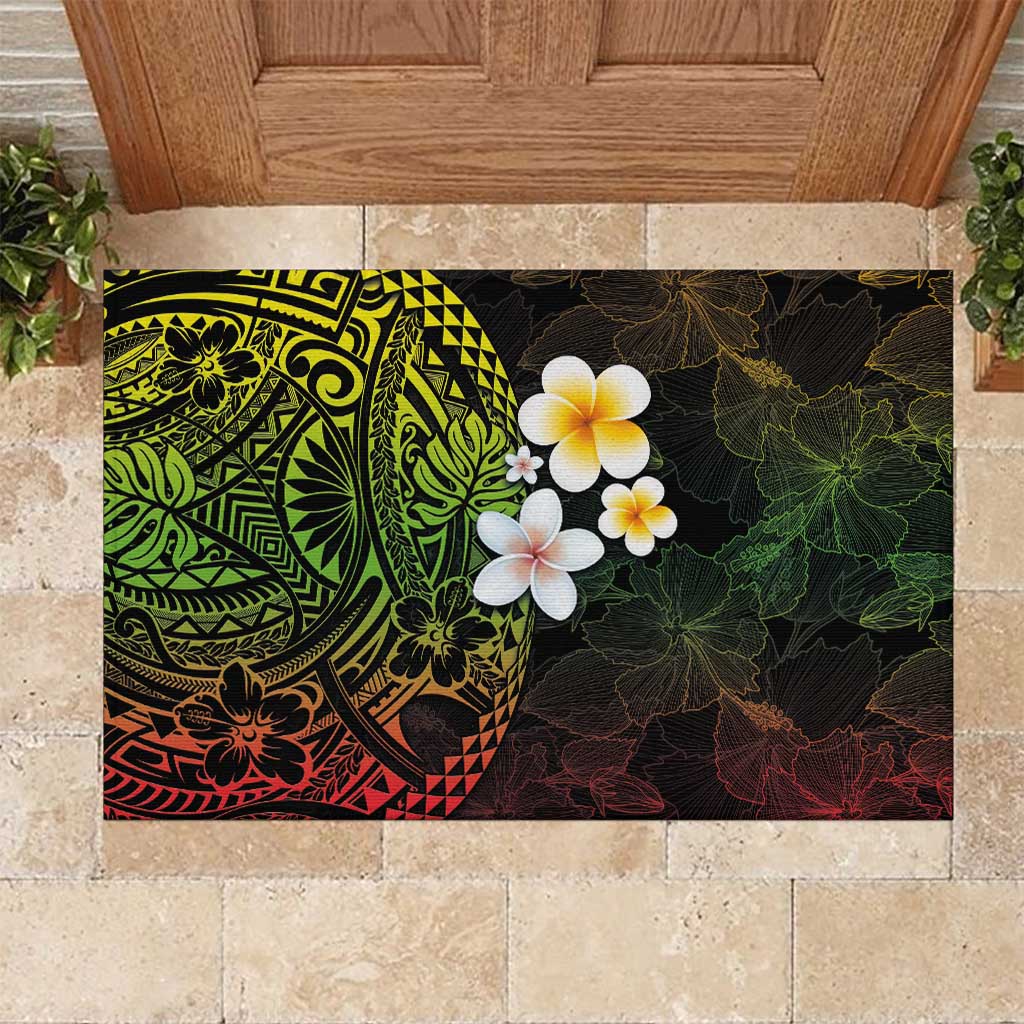 Hawaiian Hibiscus and Plumeria Polynesian Tribal Tattoo Rubber Doormat Reggae Color
