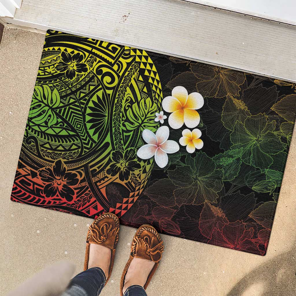 Hawaiian Hibiscus and Plumeria Polynesian Tribal Tattoo Rubber Doormat Reggae Color