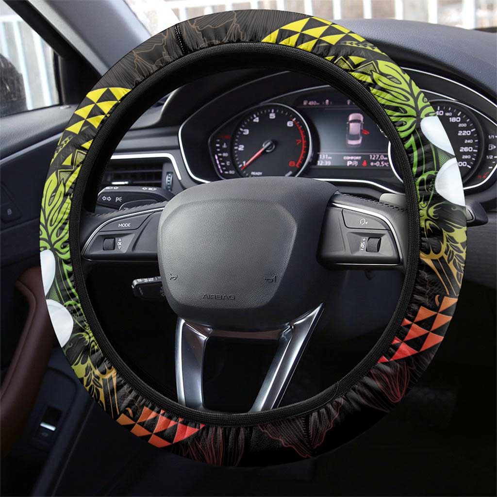 Hawaiian Hibiscus and Plumeria Polynesian Tribal Tattoo Steering Wheel Cover Reggae Color LT03 - Polynesian Pride
