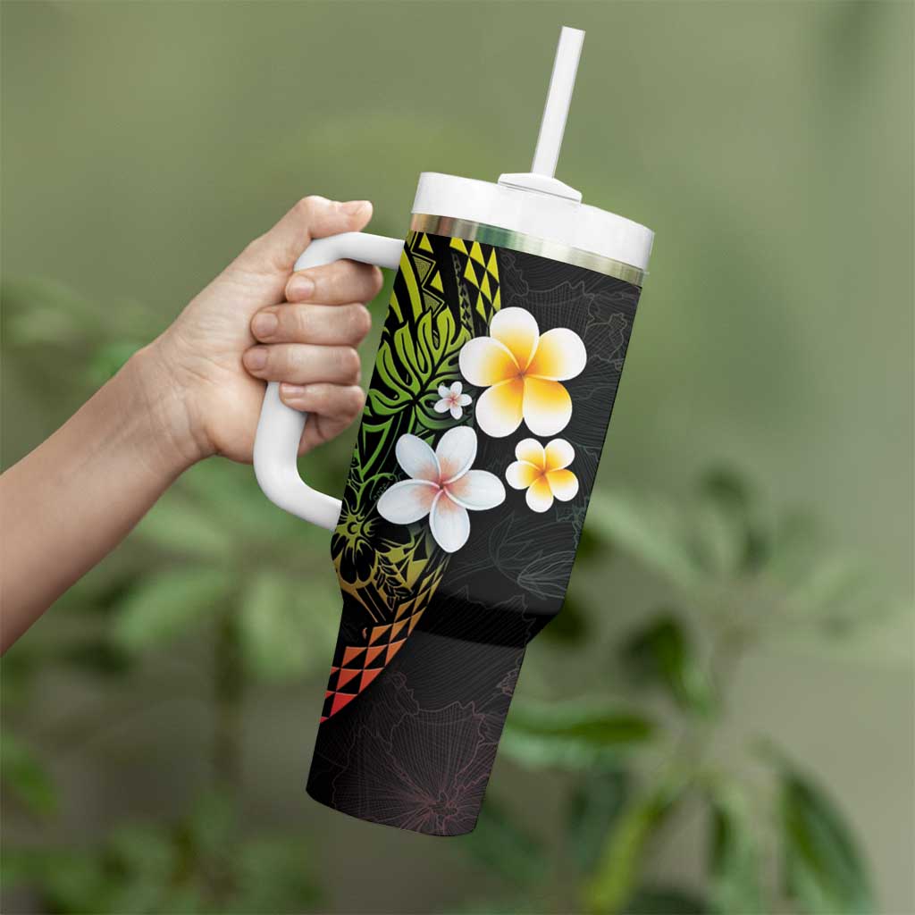 Hawaiian Hibiscus and Plumeria Polynesian Tribal Tattoo Tumbler With Handle Reggae Color LT03 - Polynesian Pride
