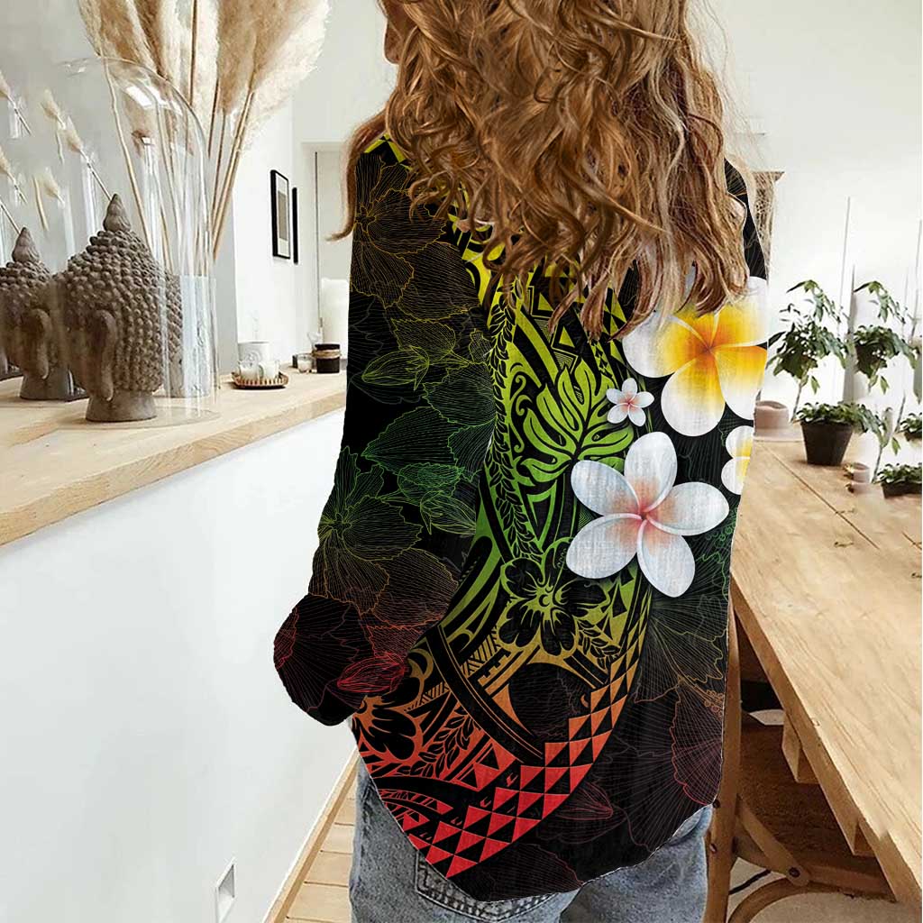 Hawaiian Hibiscus and Plumeria Polynesian Tribal Tattoo Women Casual Shirt Reggae Color LT03 - Polynesian Pride