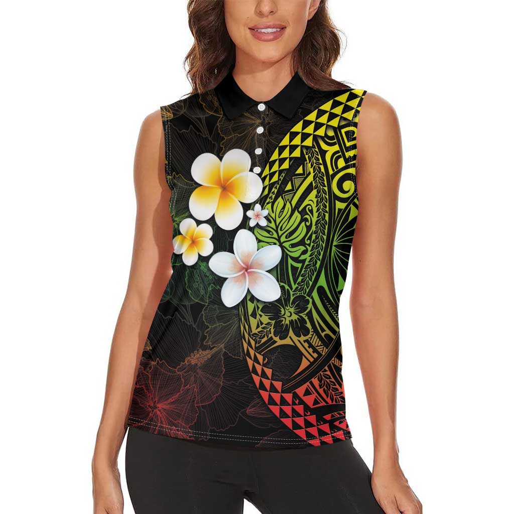 Hawaiian Hibiscus and Plumeria Polynesian Tribal Tattoo Women Sleeveless Polo Shirt Reggae Color LT03 - Polynesian Pride