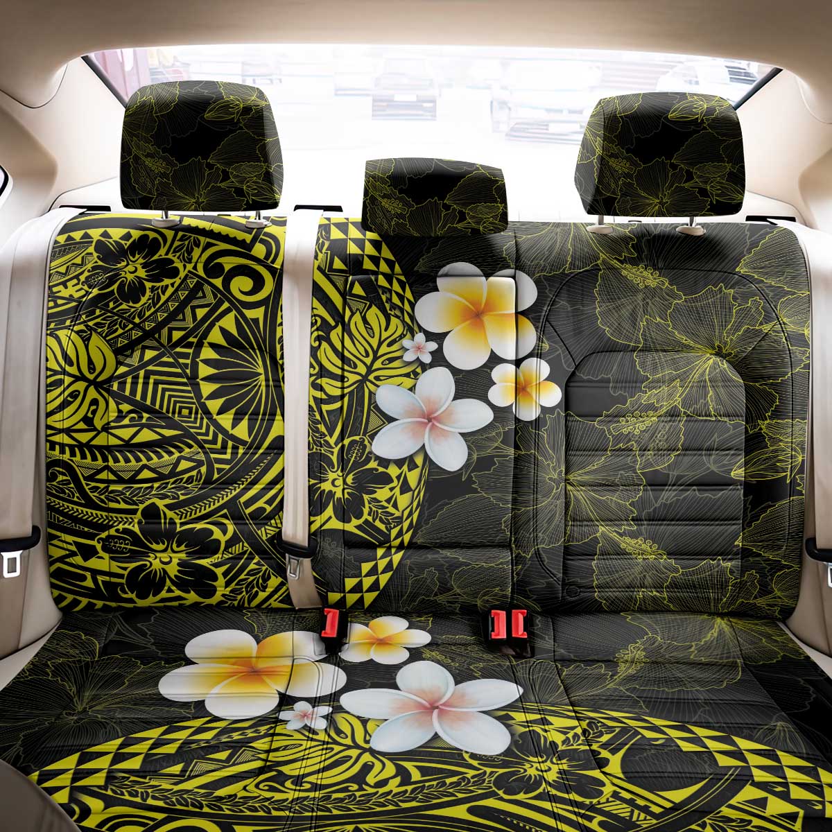 Hawaiian Hibiscus and Plumeria Polynesian Tribal Tattoo Back Car Seat Cover Yellow Color LT03 - Polynesian Pride