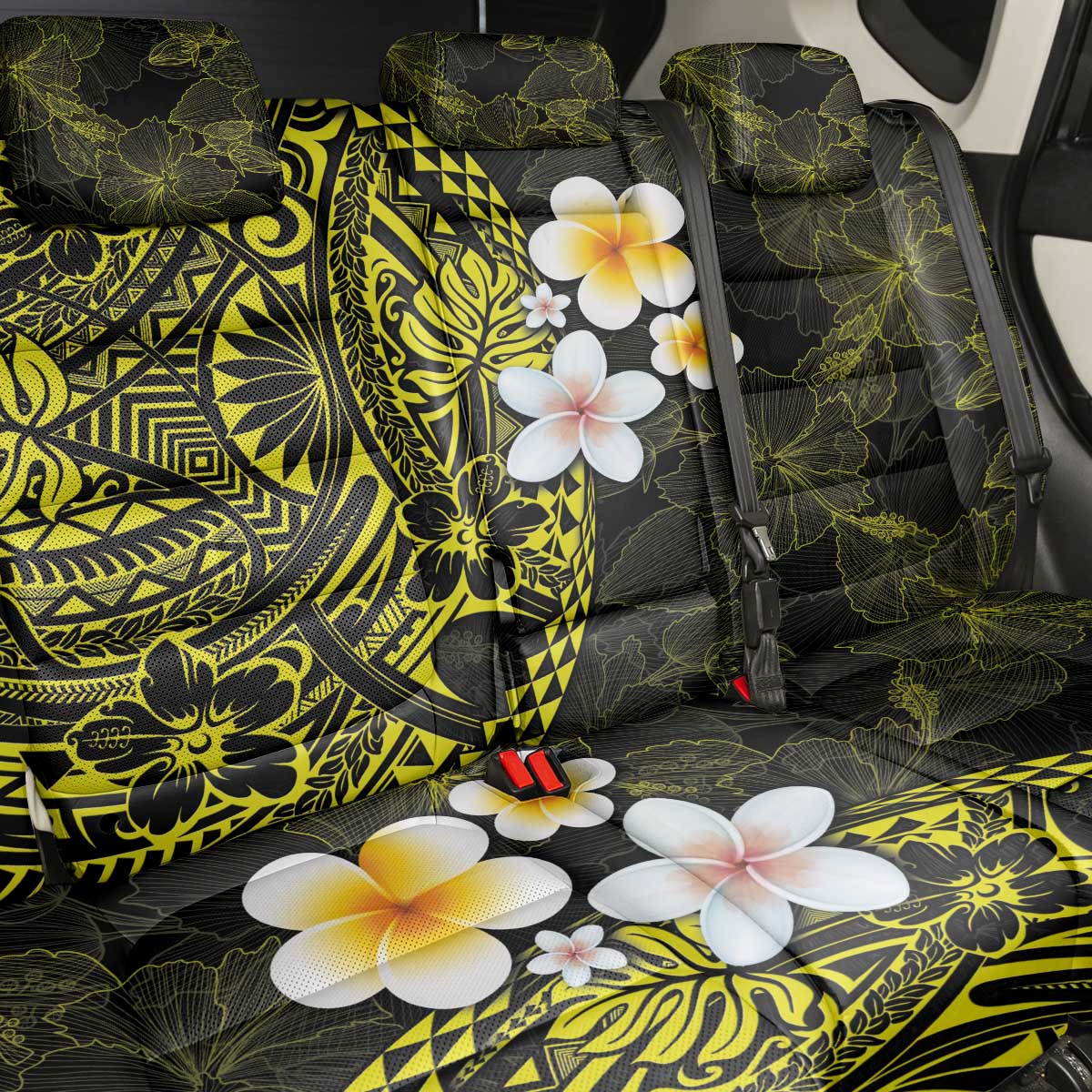 Hawaiian Hibiscus and Plumeria Polynesian Tribal Tattoo Back Car Seat Cover Yellow Color LT03 - Polynesian Pride