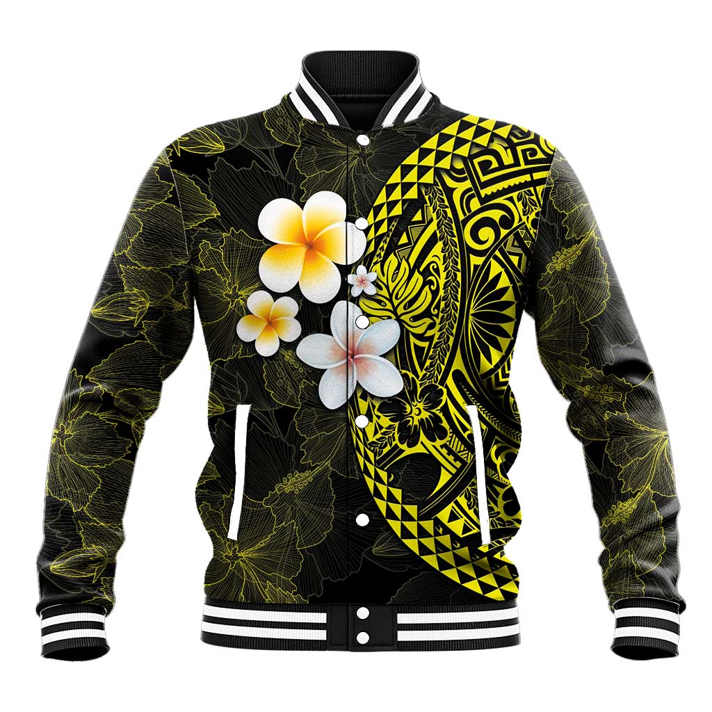 Hawaiian Hibiscus and Plumeria Polynesian Tribal Tattoo Baseball Jacket Yellow Color