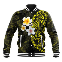 Hawaiian Hibiscus and Plumeria Polynesian Tribal Tattoo Baseball Jacket Yellow Color