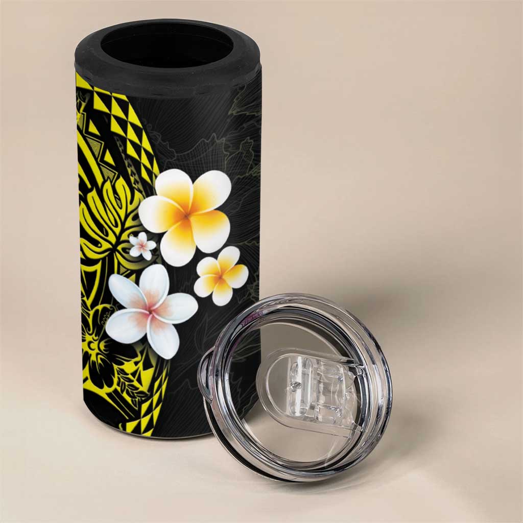Hawaiian Hibiscus and Plumeria Polynesian Tribal Tattoo 4 in 1 Can Cooler Tumbler Yellow Color LT03 - Polynesian Pride