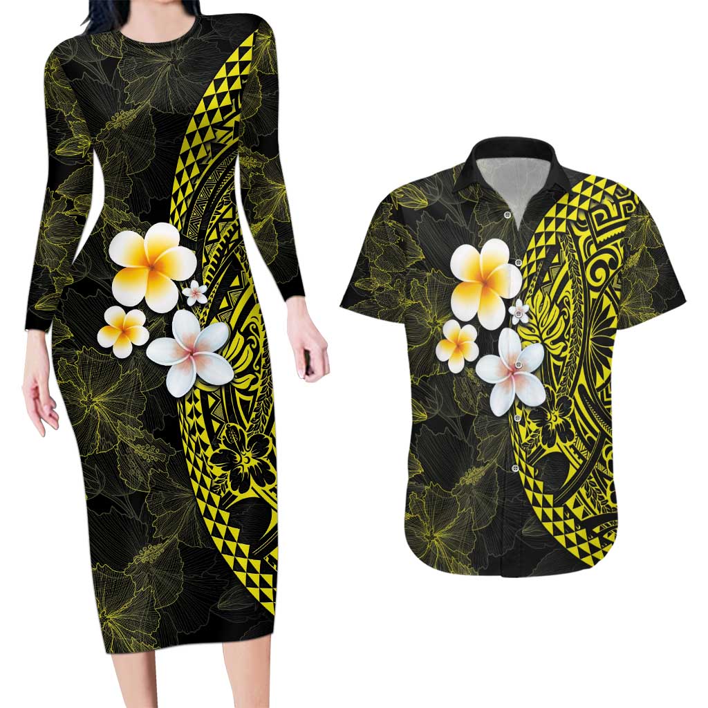 Hawaiian Hibiscus and Plumeria Polynesian Tribal Tattoo Couples Matching Long Sleeve Bodycon Dress and Hawaiian Shirt Yellow Color LT03 Yellow - Polynesian Pride