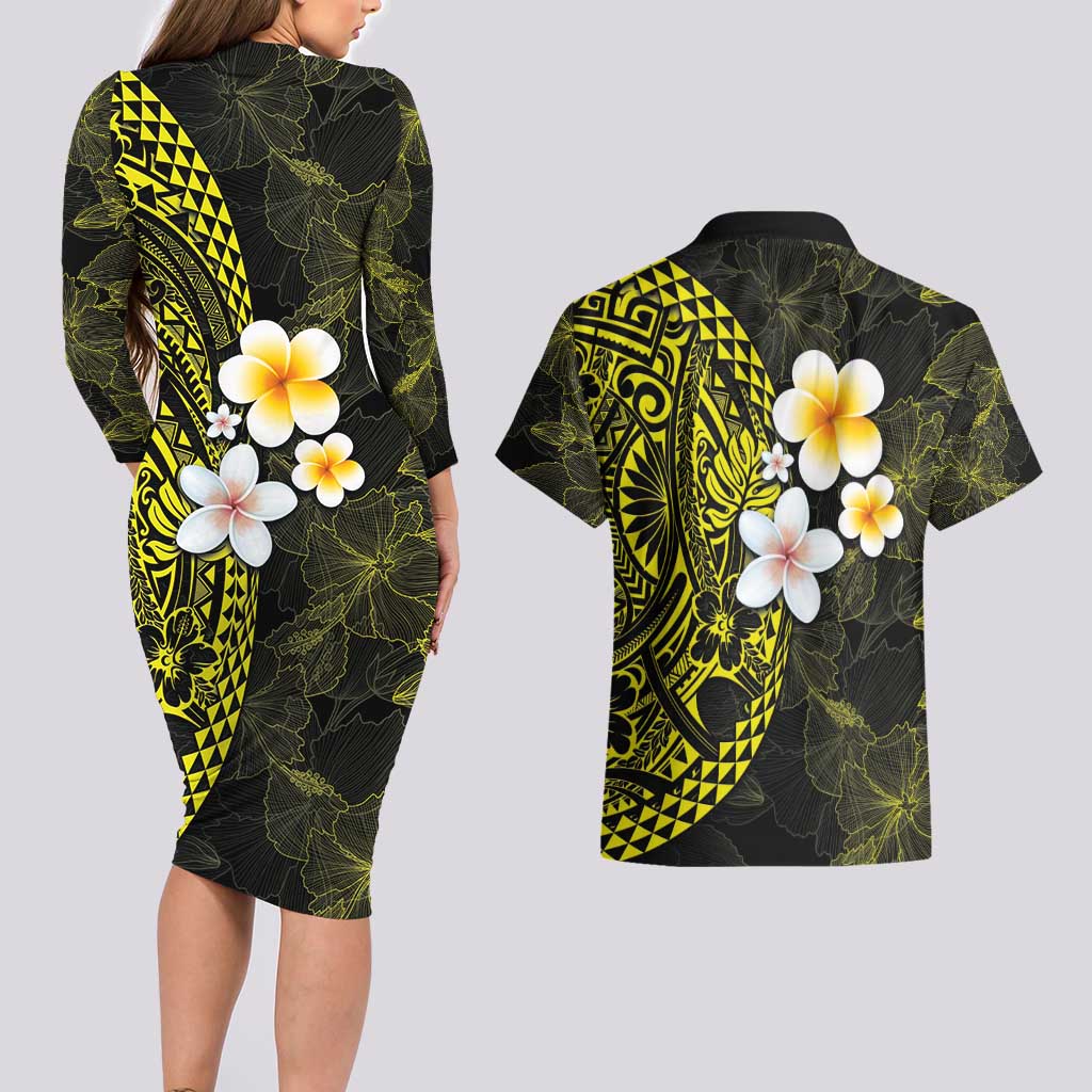 Hawaiian Hibiscus and Plumeria Polynesian Tribal Tattoo Couples Matching Long Sleeve Bodycon Dress and Hawaiian Shirt Yellow Color LT03 - Polynesian Pride