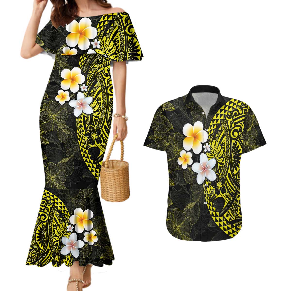 Hawaiian Hibiscus and Plumeria Polynesian Tribal Tattoo Couples Matching Mermaid Dress and Hawaiian Shirt Yellow Color LT03 Yellow - Polynesian Pride