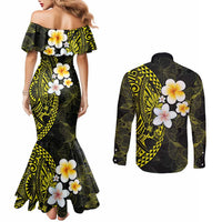 Hawaiian Hibiscus and Plumeria Polynesian Tribal Tattoo Couples Matching Mermaid Dress and Long Sleeve Button Shirt Yellow Color