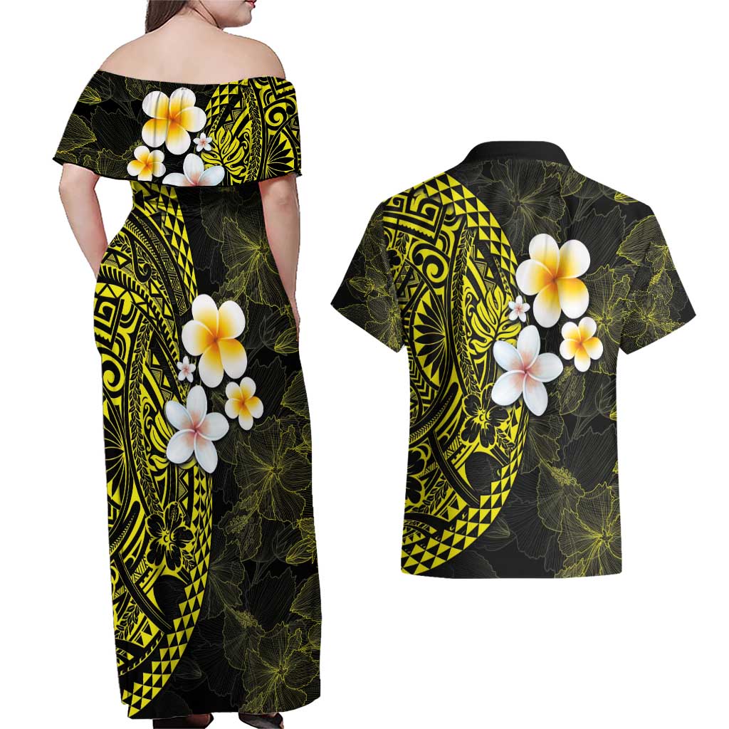 Hawaiian Hibiscus and Plumeria Polynesian Tribal Tattoo Couples Matching Off Shoulder Maxi Dress and Hawaiian Shirt Yellow Color LT03 - Polynesian Pride