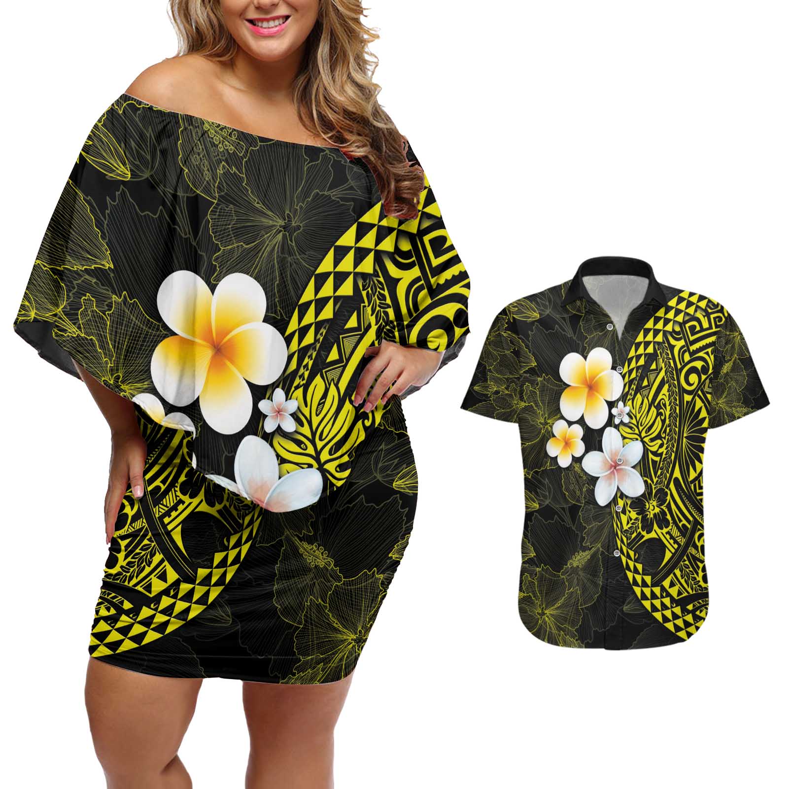 Hawaiian Hibiscus and Plumeria Polynesian Tribal Tattoo Couples Matching Off Shoulder Short Dress and Hawaiian Shirt Yellow Color