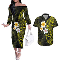 Hawaiian Hibiscus and Plumeria Polynesian Tribal Tattoo Couples Matching Off The Shoulder Long Sleeve Dress and Hawaiian Shirt Yellow Color