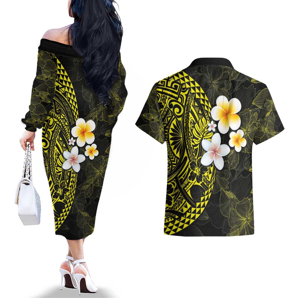 Hawaiian Hibiscus and Plumeria Polynesian Tribal Tattoo Couples Matching Off The Shoulder Long Sleeve Dress and Hawaiian Shirt Yellow Color