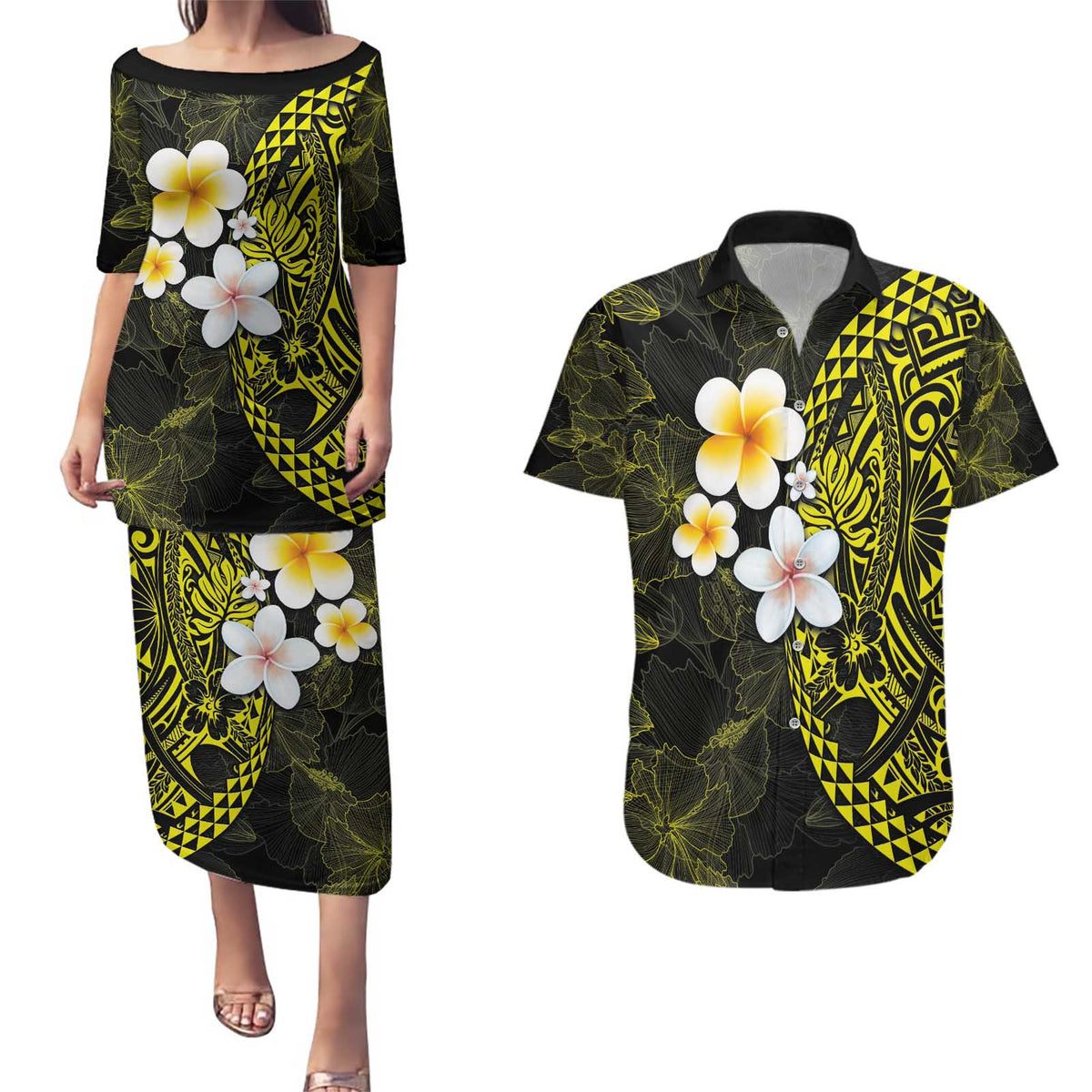 Hawaiian Hibiscus and Plumeria Polynesian Tribal Tattoo Couples Matching Puletasi and Hawaiian Shirt Yellow Color LT03 Yellow - Polynesian Pride