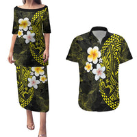Hawaiian Hibiscus and Plumeria Polynesian Tribal Tattoo Couples Matching Puletasi and Hawaiian Shirt Yellow Color LT03 Yellow - Polynesian Pride