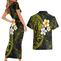 Hawaiian Hibiscus and Plumeria Polynesian Tribal Tattoo Couples Matching Short Sleeve Bodycon Dress and Hawaiian Shirt Yellow Color LT03 - Polynesian Pride