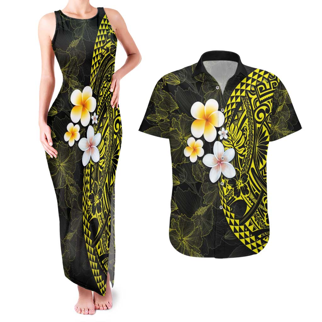 Hawaiian Hibiscus and Plumeria Polynesian Tribal Tattoo Couples Matching Tank Maxi Dress and Hawaiian Shirt Yellow Color