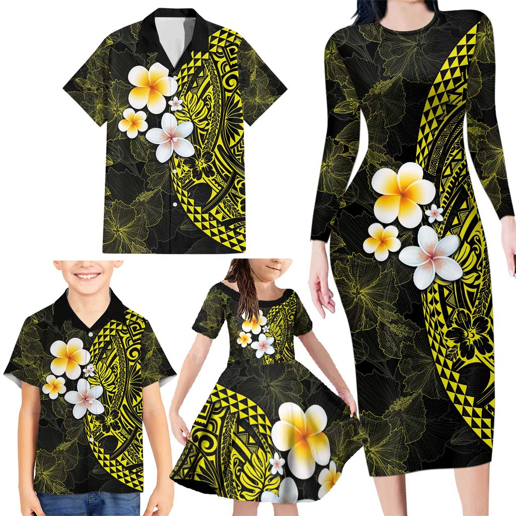 Hawaiian Hibiscus and Plumeria Polynesian Tribal Tattoo Family Matching Long Sleeve Bodycon Dress and Hawaiian Shirt Yellow Color LT03 - Polynesian Pride