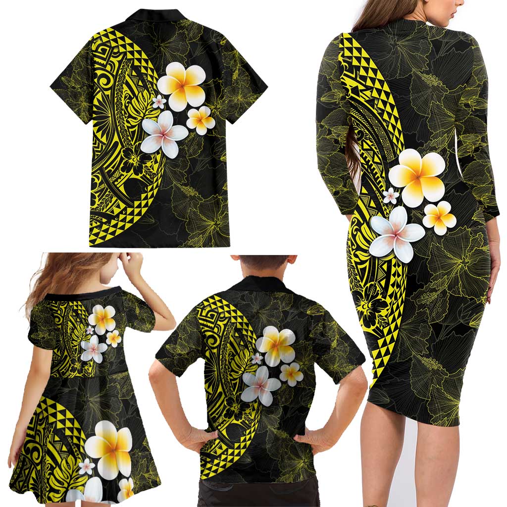 Hawaiian Hibiscus and Plumeria Polynesian Tribal Tattoo Family Matching Long Sleeve Bodycon Dress and Hawaiian Shirt Yellow Color LT03 - Polynesian Pride