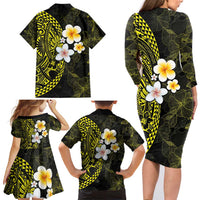 Hawaiian Hibiscus and Plumeria Polynesian Tribal Tattoo Family Matching Long Sleeve Bodycon Dress and Hawaiian Shirt Yellow Color LT03 - Polynesian Pride