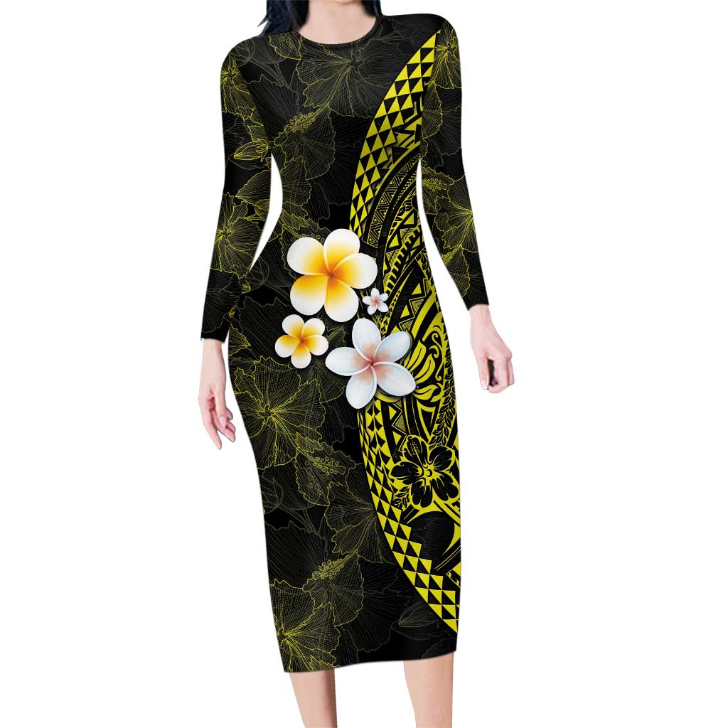 Hawaiian Hibiscus and Plumeria Polynesian Tribal Tattoo Family Matching Long Sleeve Bodycon Dress and Hawaiian Shirt Yellow Color LT03 Mom's Dress Yellow - Polynesian Pride