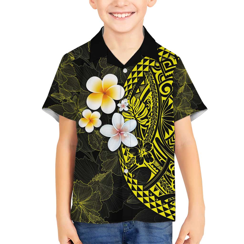 Hawaiian Hibiscus and Plumeria Polynesian Tribal Tattoo Family Matching Long Sleeve Bodycon Dress and Hawaiian Shirt Yellow Color LT03 Son's Shirt Yellow - Polynesian Pride