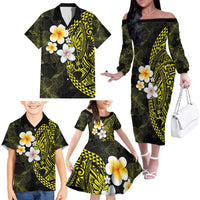 Hawaiian Hibiscus and Plumeria Polynesian Tribal Tattoo Family Matching Off The Shoulder Long Sleeve Dress and Hawaiian Shirt Yellow Color LT03 - Polynesian Pride