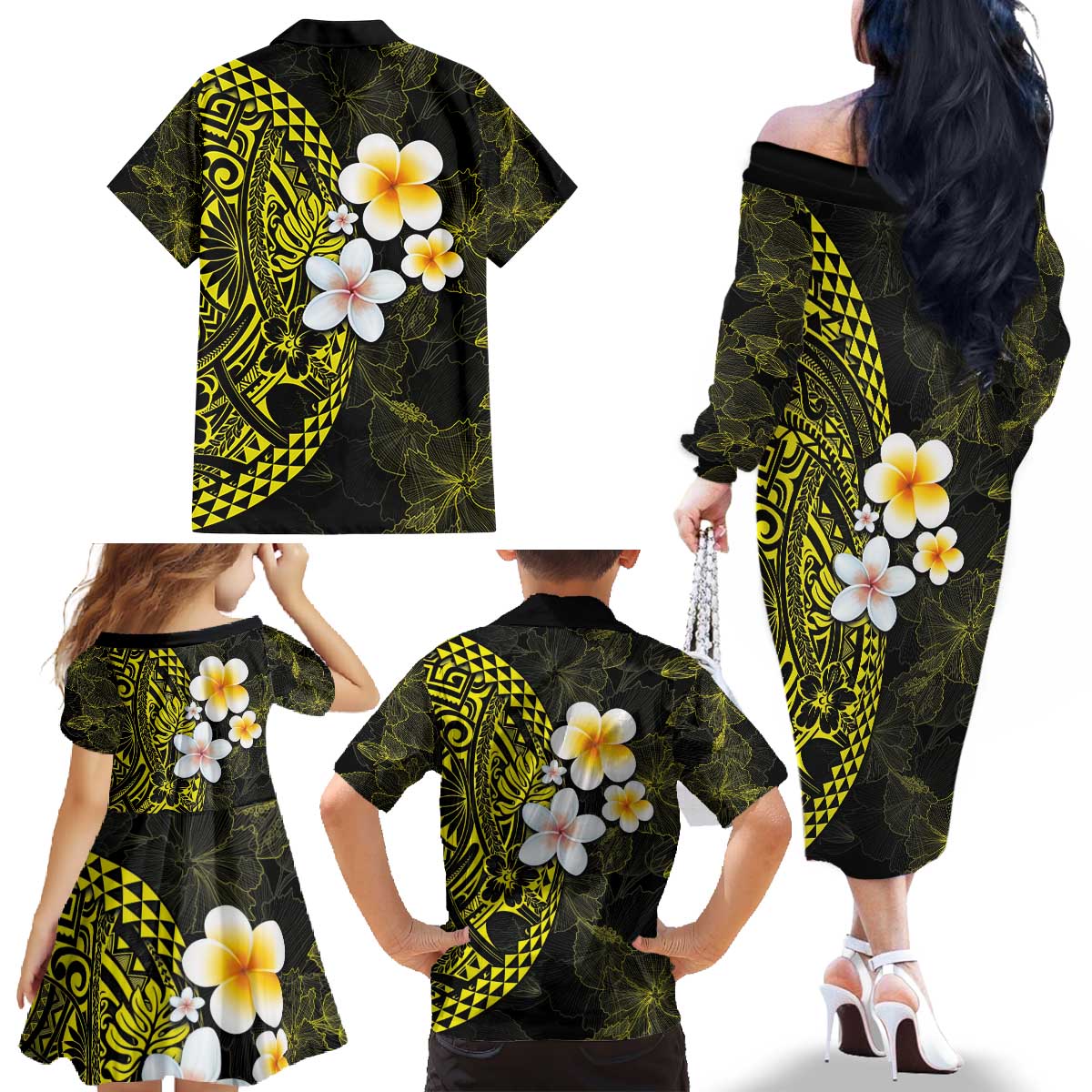 Hawaiian Hibiscus and Plumeria Polynesian Tribal Tattoo Family Matching Off The Shoulder Long Sleeve Dress and Hawaiian Shirt Yellow Color LT03 - Polynesian Pride