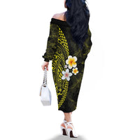 Hawaiian Hibiscus and Plumeria Polynesian Tribal Tattoo Family Matching Off The Shoulder Long Sleeve Dress and Hawaiian Shirt Yellow Color LT03 - Polynesian Pride
