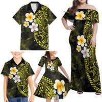 Hawaiian Hibiscus and Plumeria Polynesian Tribal Tattoo Family Matching Off Shoulder Maxi Dress and Hawaiian Shirt Yellow Color LT03 - Polynesian Pride