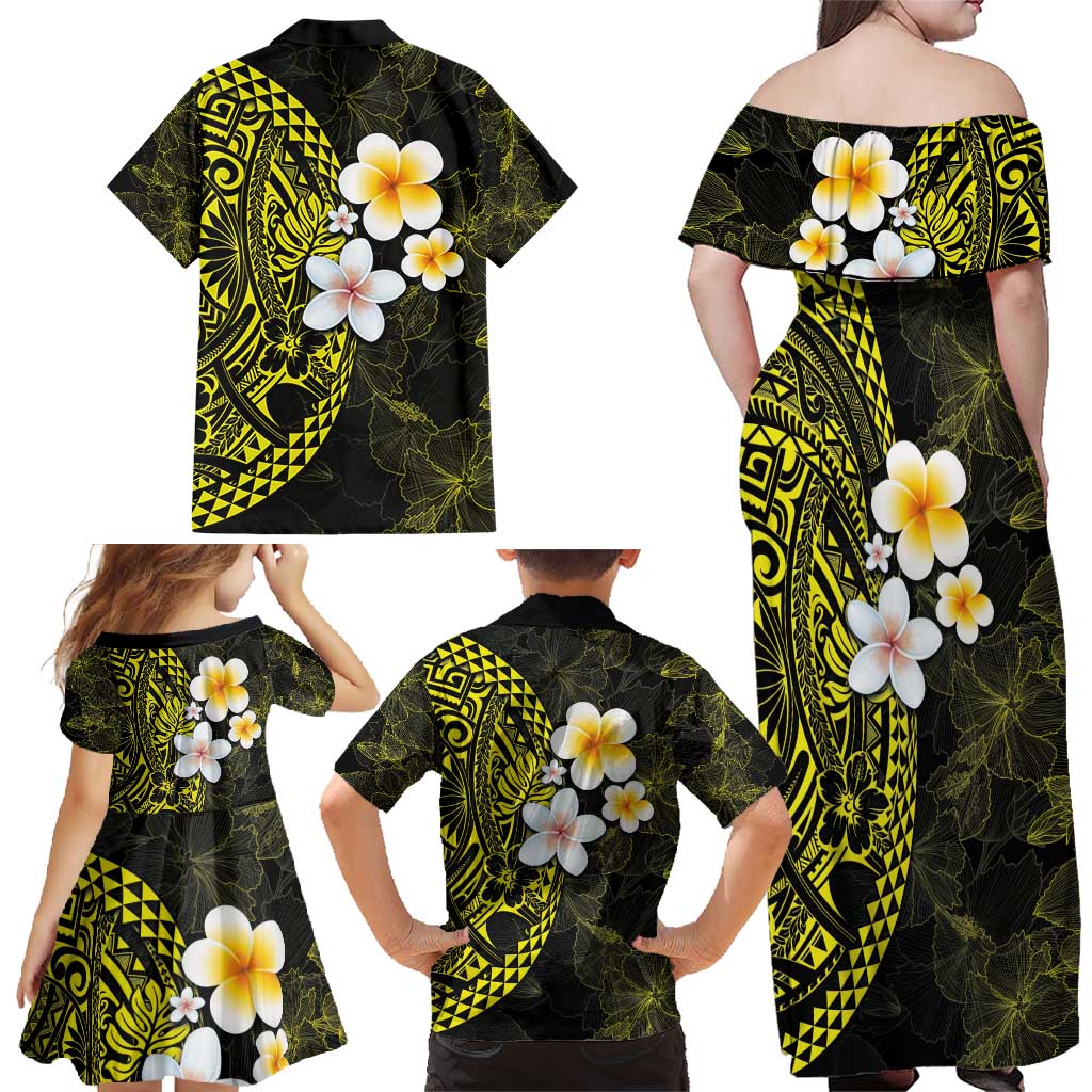 Hawaiian Hibiscus and Plumeria Polynesian Tribal Tattoo Family Matching Off Shoulder Maxi Dress and Hawaiian Shirt Yellow Color LT03 - Polynesian Pride