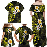 Hawaiian Hibiscus and Plumeria Polynesian Tribal Tattoo Family Matching Off Shoulder Maxi Dress and Hawaiian Shirt Yellow Color LT03 - Polynesian Pride