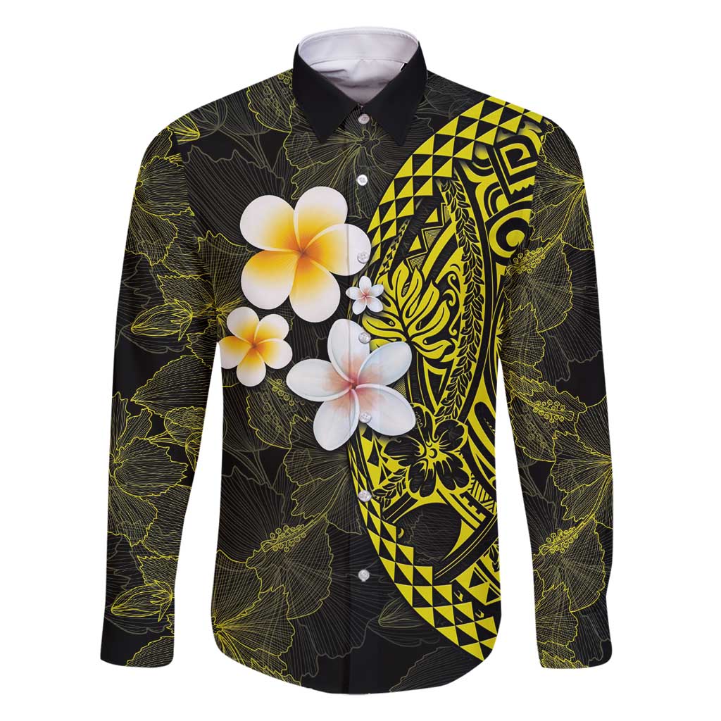Hawaiian Hibiscus and Plumeria Polynesian Tribal Tattoo Family Matching Off Shoulder Maxi Dress and Hawaiian Shirt Yellow Color LT03 Dad's Shirt - Long Sleeve Yellow - Polynesian Pride